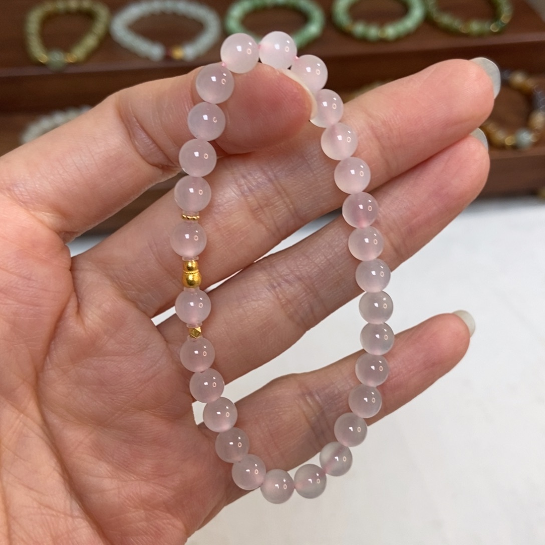 和田玉18K金镶嵌手链6mm冰猫藕粉