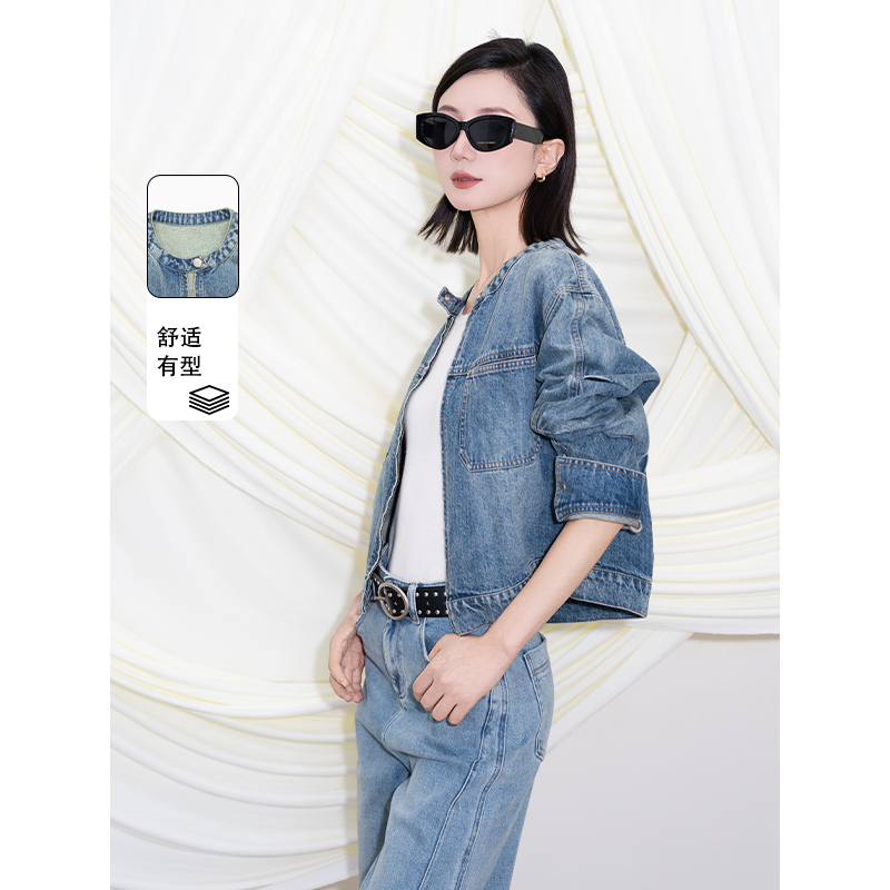 玛丝恩迪休闲早秋圆领拉链时尚设计韩版牛仔外套小个子短款430603