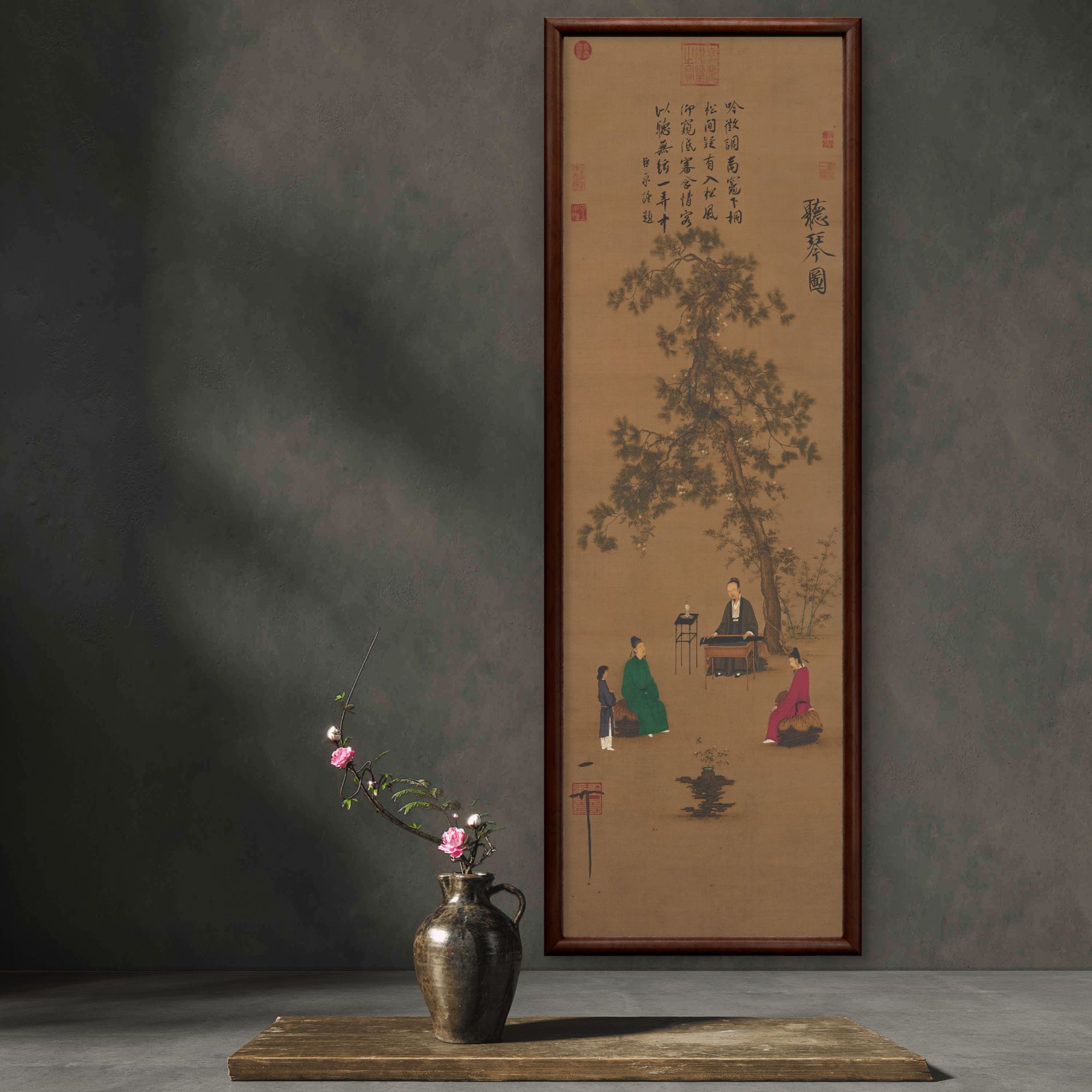 9928-40*120听琴图中式装饰画实木框玄关书房茶室客厅挂画