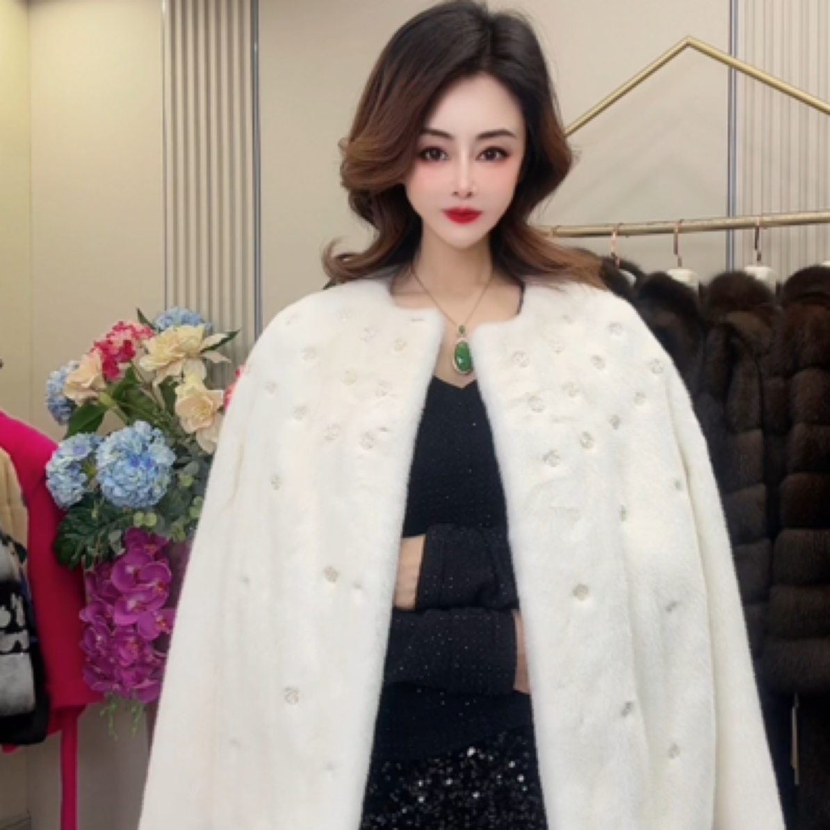 2478皇家贵夫人冬季新款重工白色圆领皮草上衣外套CZH-衣长60cm