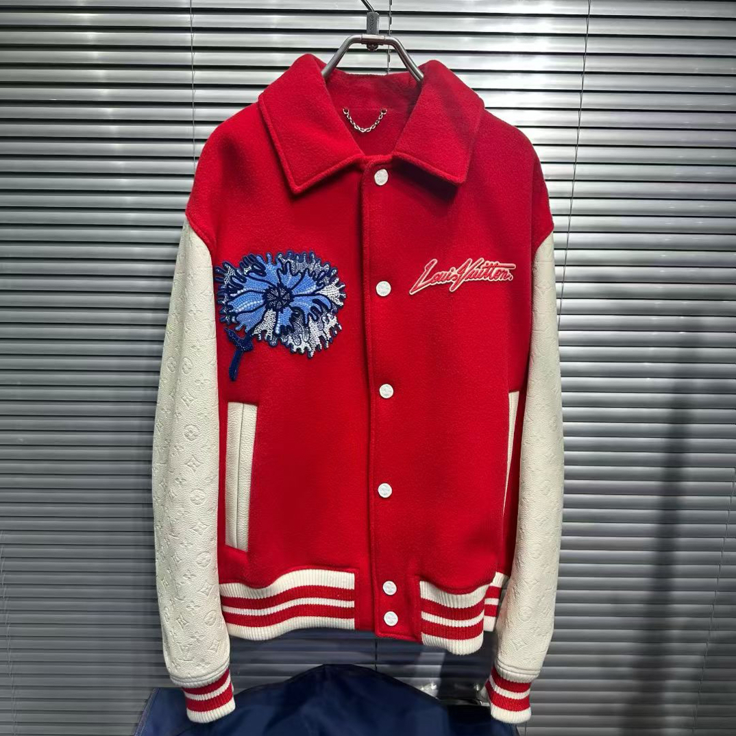 未使用 LouisVuitton/路易威登 草间弥生串珠花朵皮袖棒球服/50码