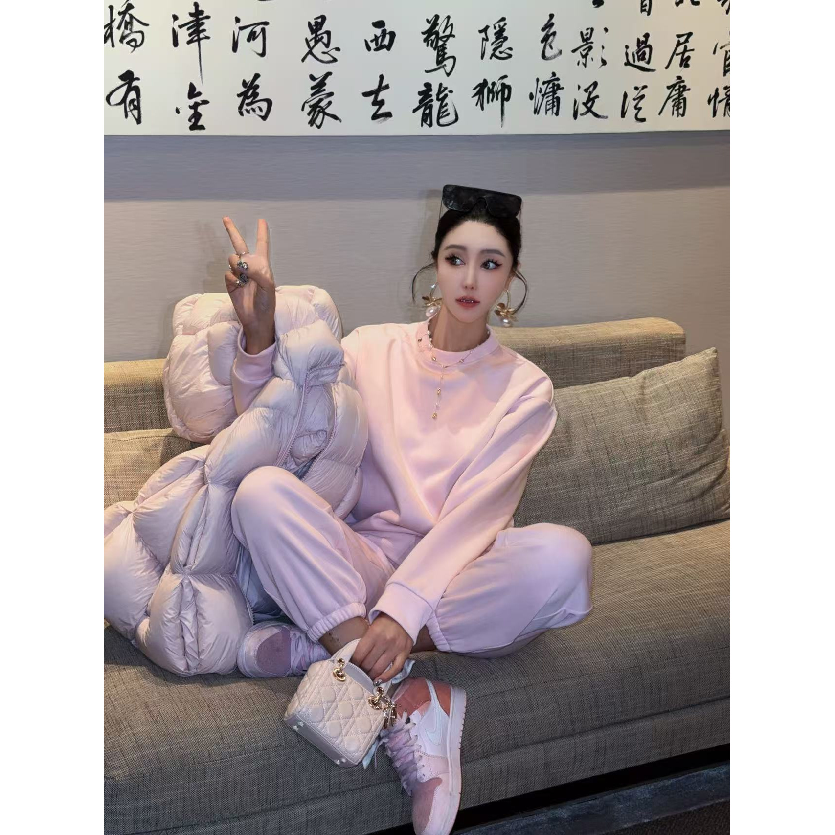 DUOMI【粉红少女】粉蓝杏三色圆领长袖净版卫衣长裤套装TZ14203