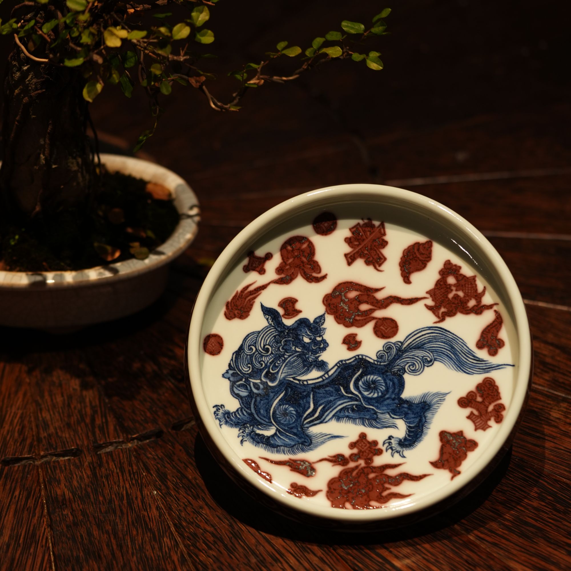 【雲廬甄选】青花釉里红狮子壶承事事如意茶具