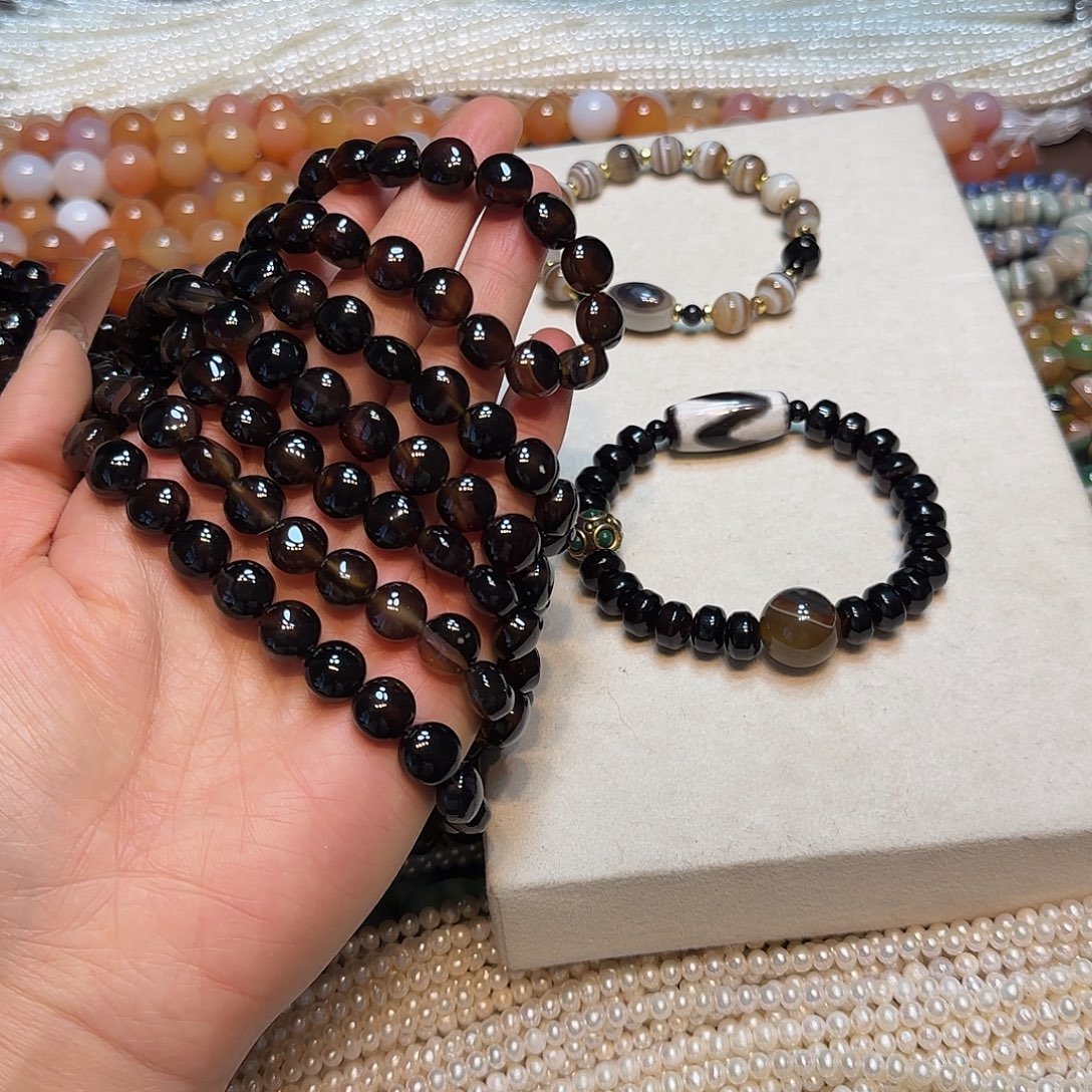 玛瑙/玉髓合金珠宝半成品黑玛瑙糖色圆饼10mm一条