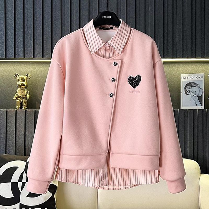 2025春季新款假两件Polo领卫衣女洋气小个子条纹拼接休闲长袖上衣