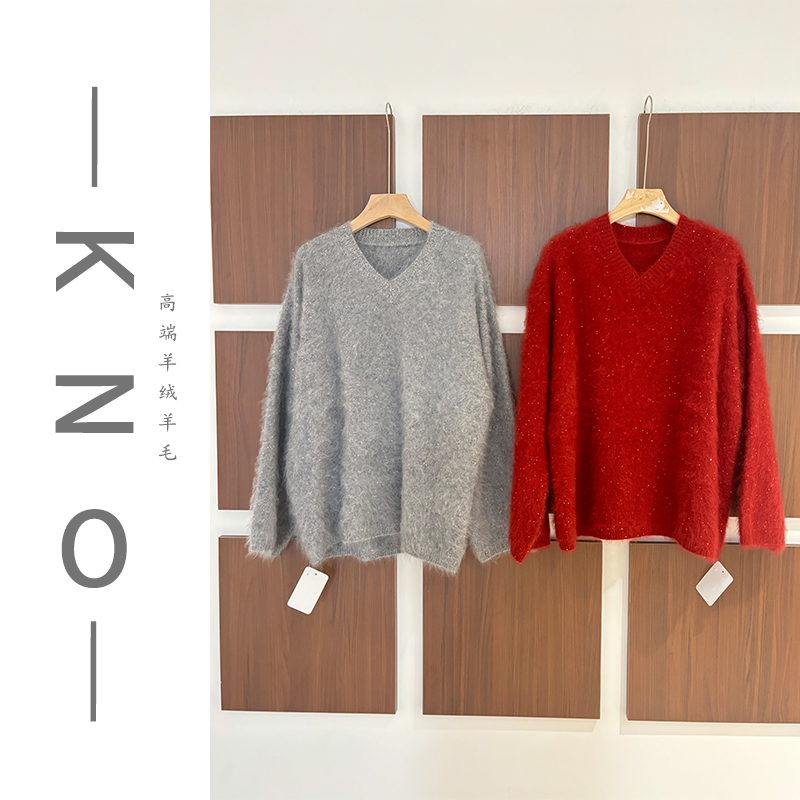 【KNO】秋冬新款V领亮片款拉绒针织衫时尚百搭