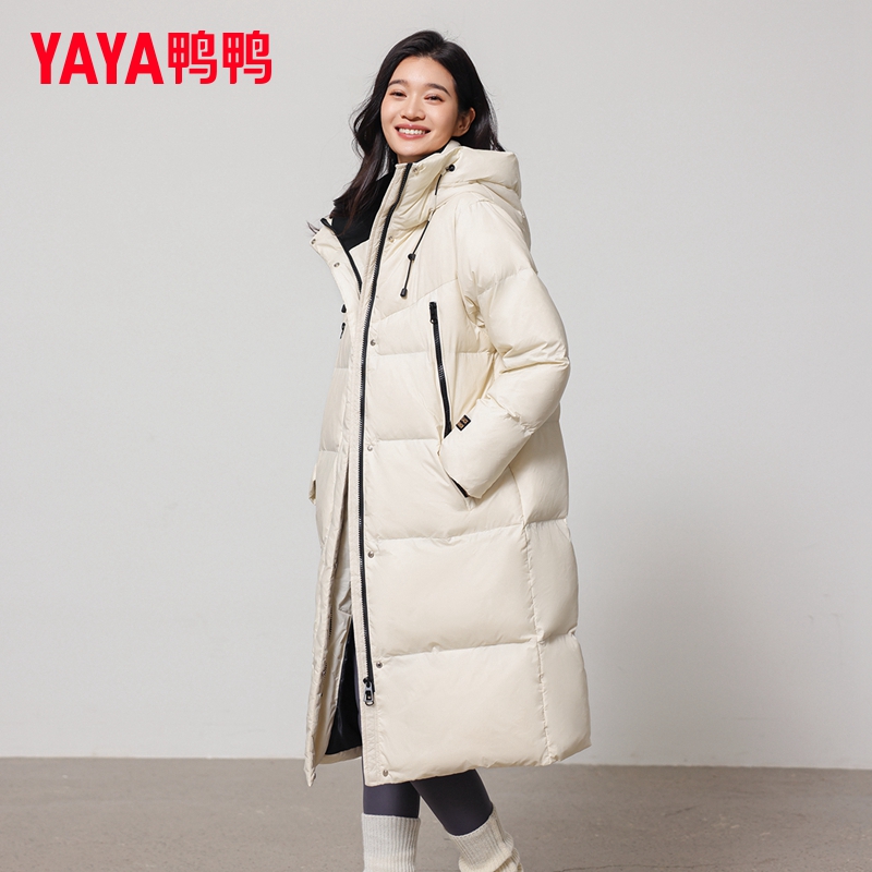 YAYA/鸭鸭冬季新款加厚过膝长款连帽新国标90鸭绒羽绒服男女同款