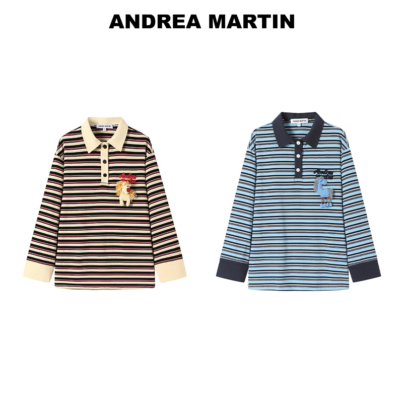 ANDREA MARTIN2025秋冬新款条纹钩织小马polo领上衣宽松休闲T恤衫