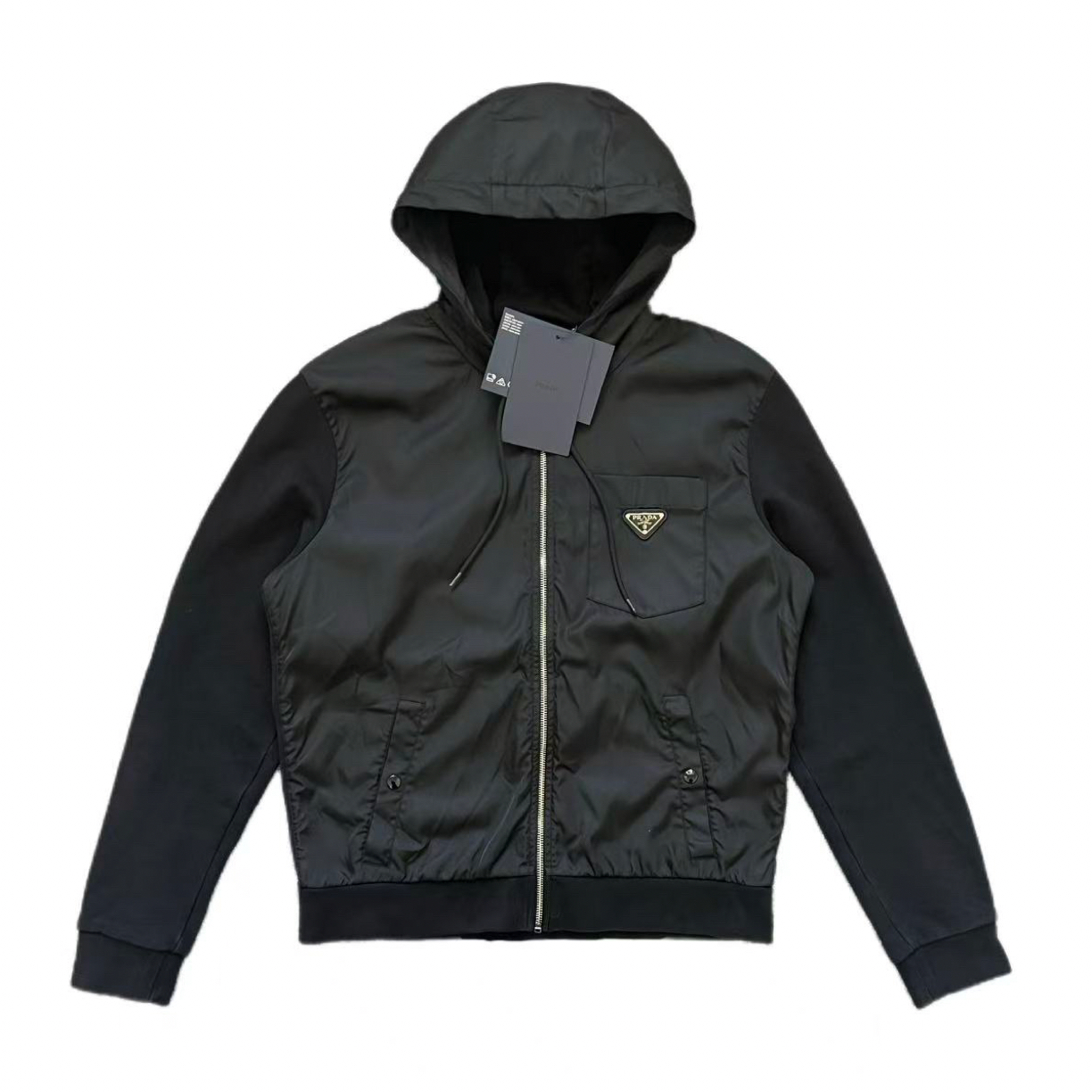 未使用 Prada/普拉达 黑色拼接尼龙胸前钢标拉链外套L码