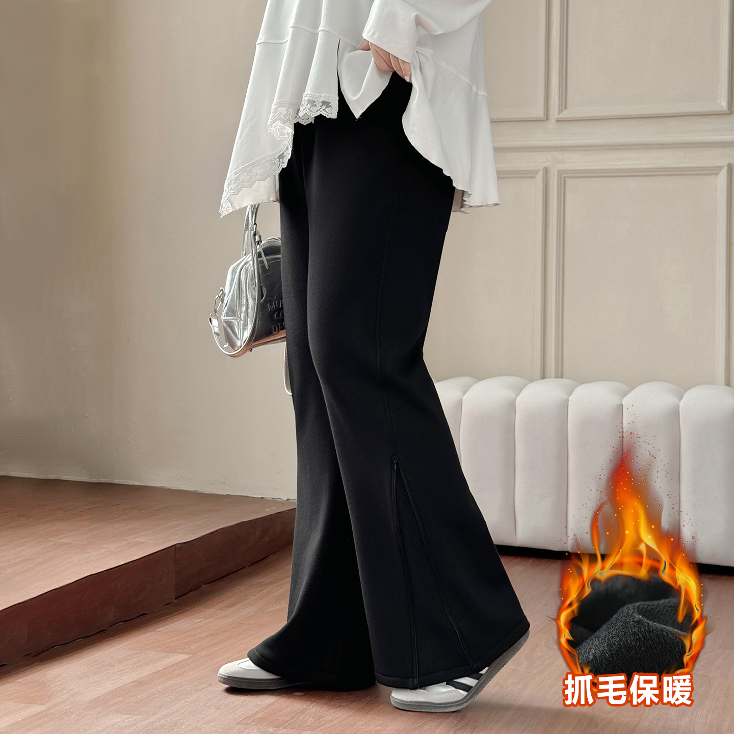 DD8762大码女装【巨显瘦微喇叭裤 秋冬胖mm松紧腰拉链休闲裤子