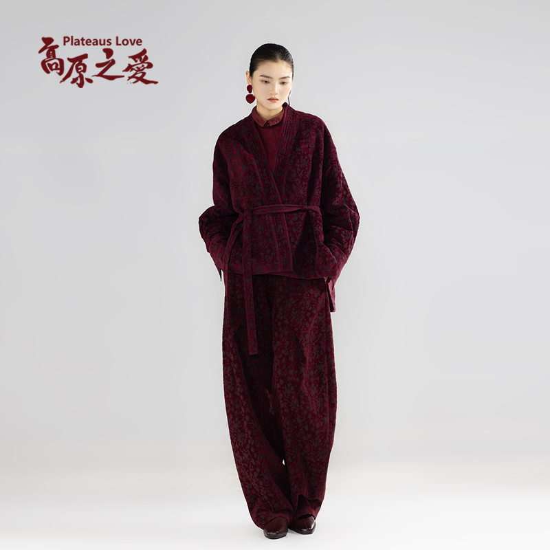 新中式僧系酒红复古国风暗纹提花弯刀裤女G20757