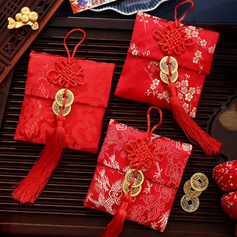 铜钱流苏小号布艺锦缎红包对折装千元新年压岁通用利是封印字LOGO