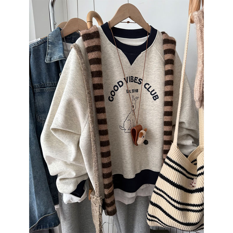 假两件加绒卫衣女2025新款爆款小个子宽松慵懒风胖mm大码灰色上衣