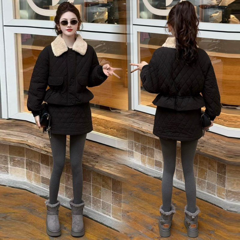 时尚棉服套装女2025冬季新款洋气加厚收腰棉衣短外套半身裙两件套