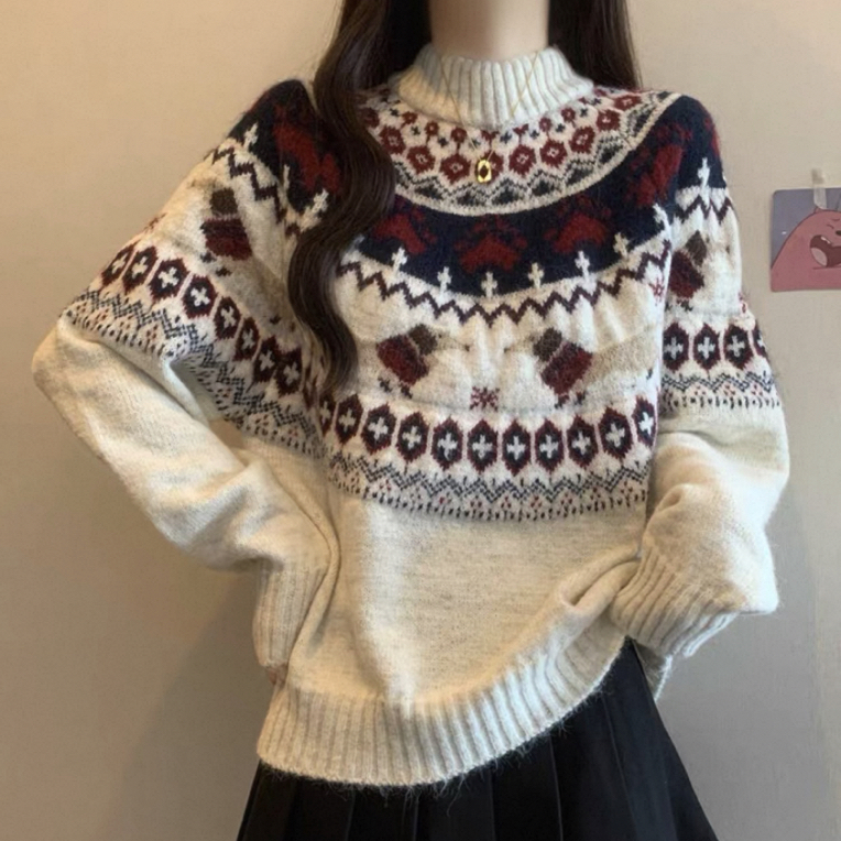 高领毛针织衫韩版外穿费尔岛上衣针织女提花秋冬穿搭一整套女装