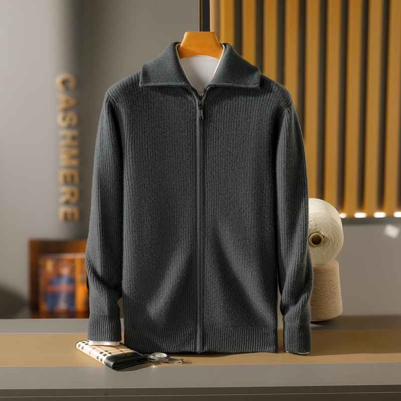 【100%山羊绒】秋冬男士可翻高领拉链开衫元宝针加厚外套百搭针织衫