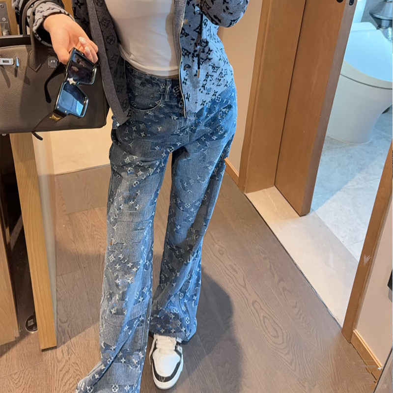 2025秋季新款长裤直筒口袋字母刺绣百搭竖纹窄版阔腿牛仔长裤女潮