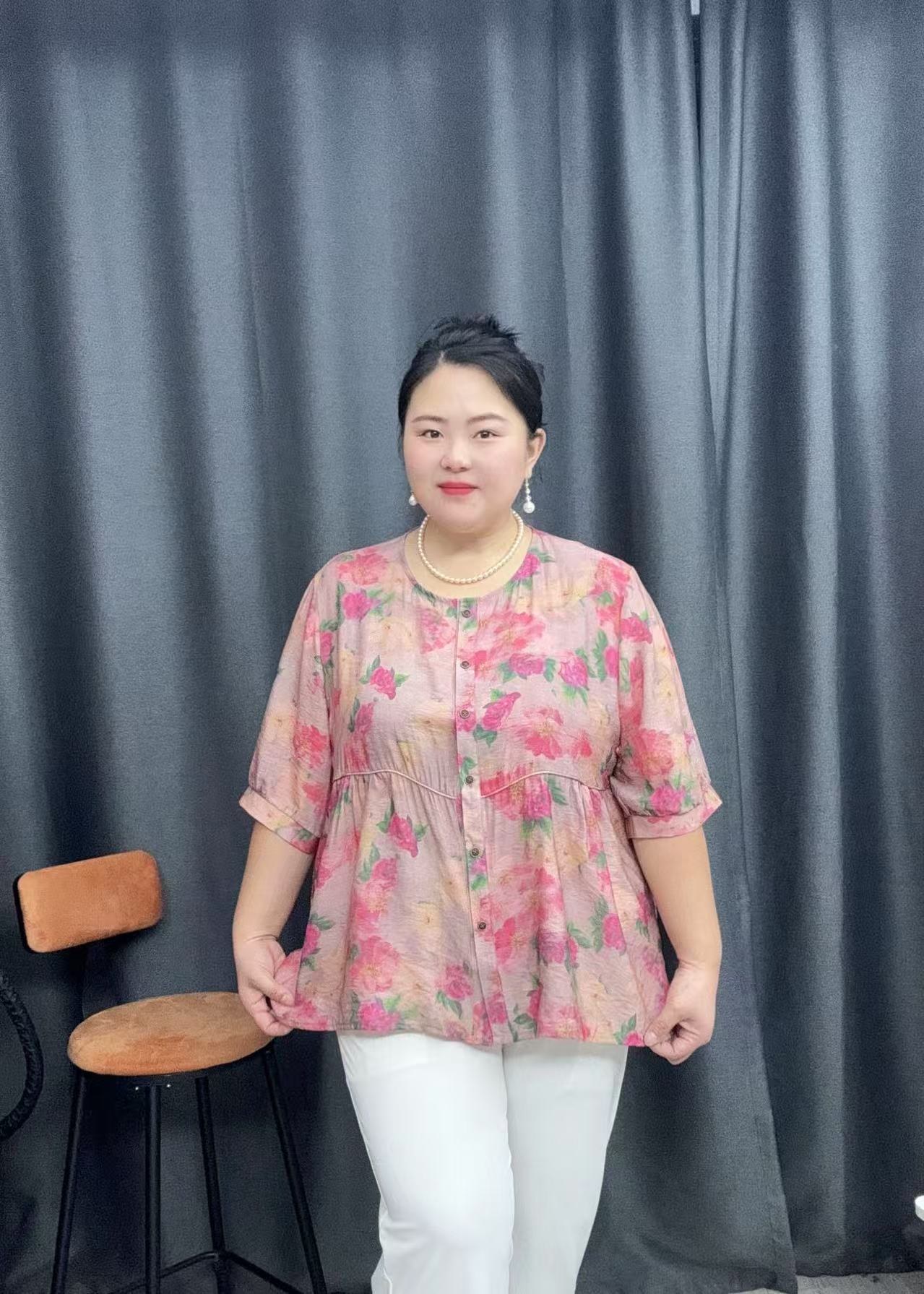 120-240斤夏季圆领冰麻开衫中老年加肥加大洋气花色半袖上衣女