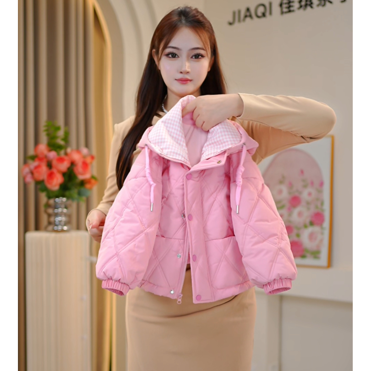 【佳琪妈】2025女童菱形格新款棉服连帽外套-7134#