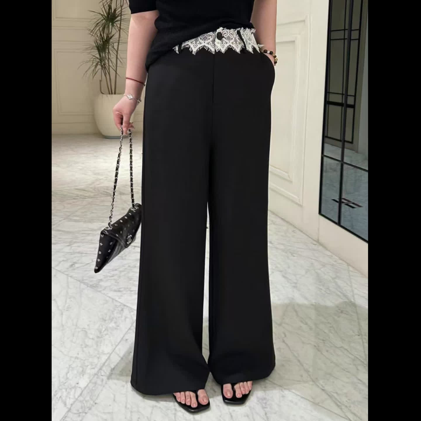 琪琪怪怪大码女装【长腿纸片裤】蕾丝拼接简约垂感休闲裤P46649QD