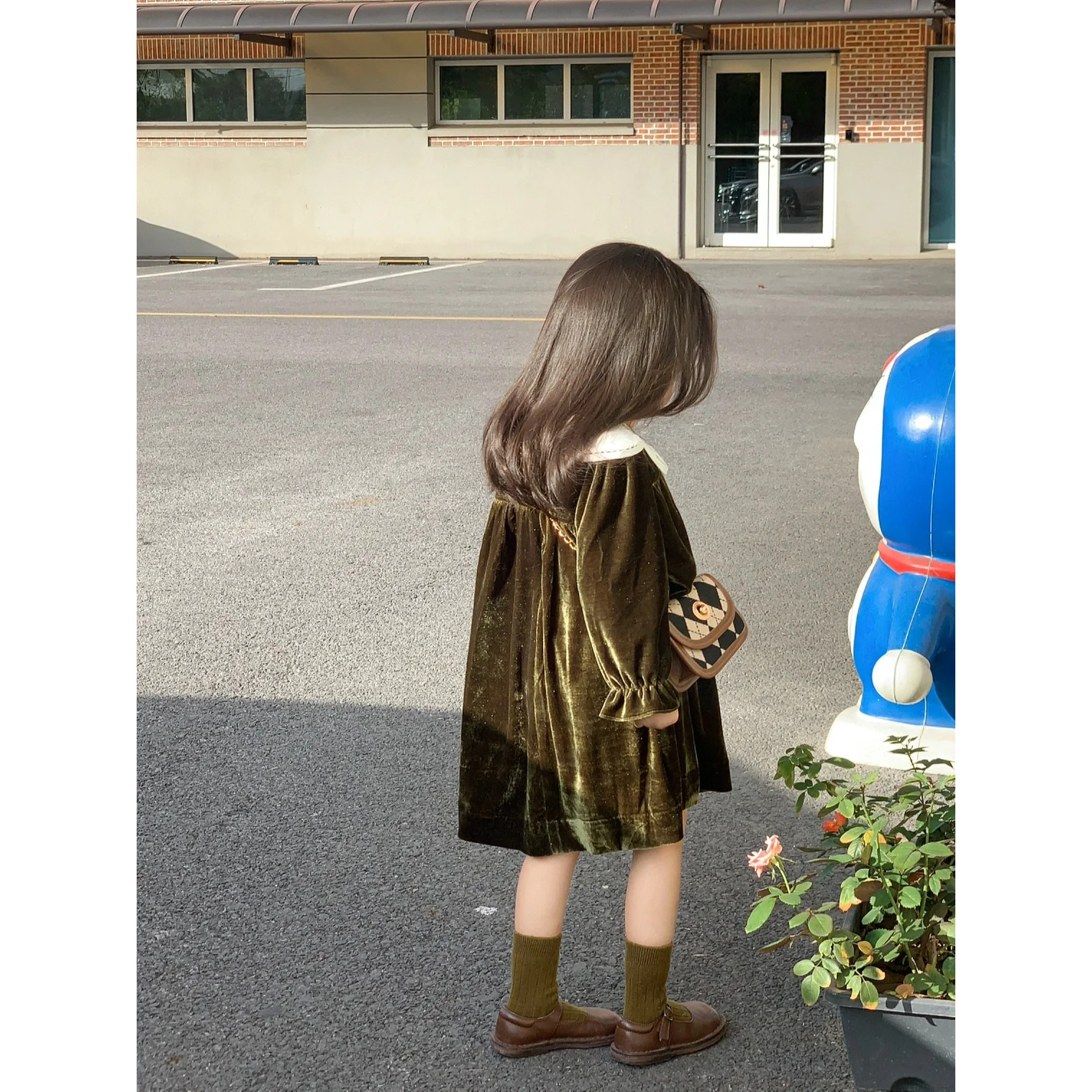 大橙子Studio女童秋季新款复古气质花瓣领墨绿金丝绒连衣裙公主裙