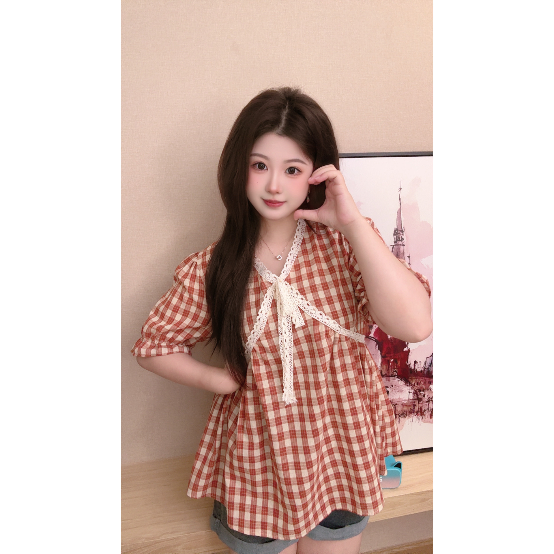微胖女装 蕾丝拼接法式复古格子衬衫上衣