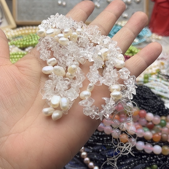 玛瑙/玉髓珠宝半成品未镶嵌一条白水晶+珍珠