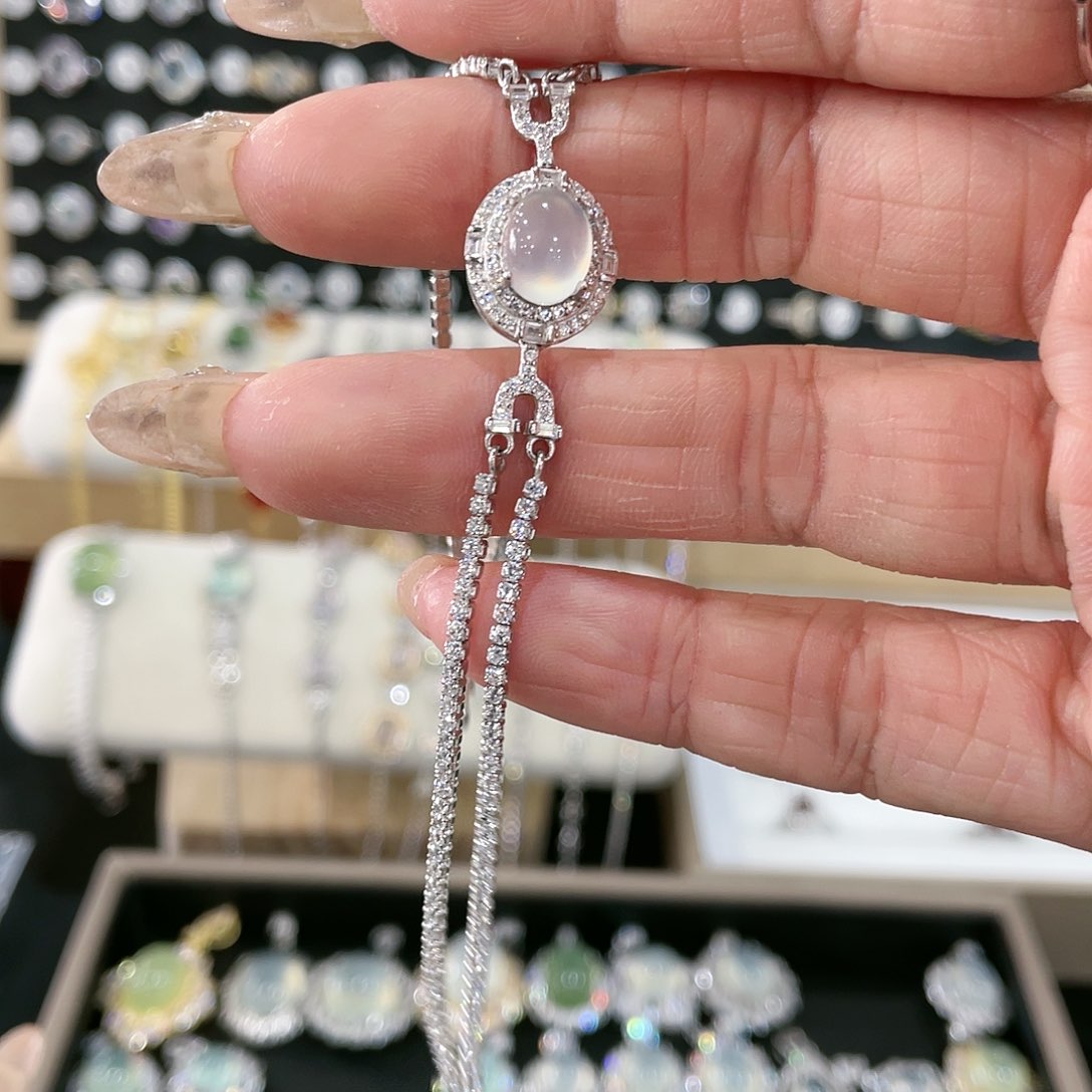 蛇纹石玉手链银S925镶嵌冰*范