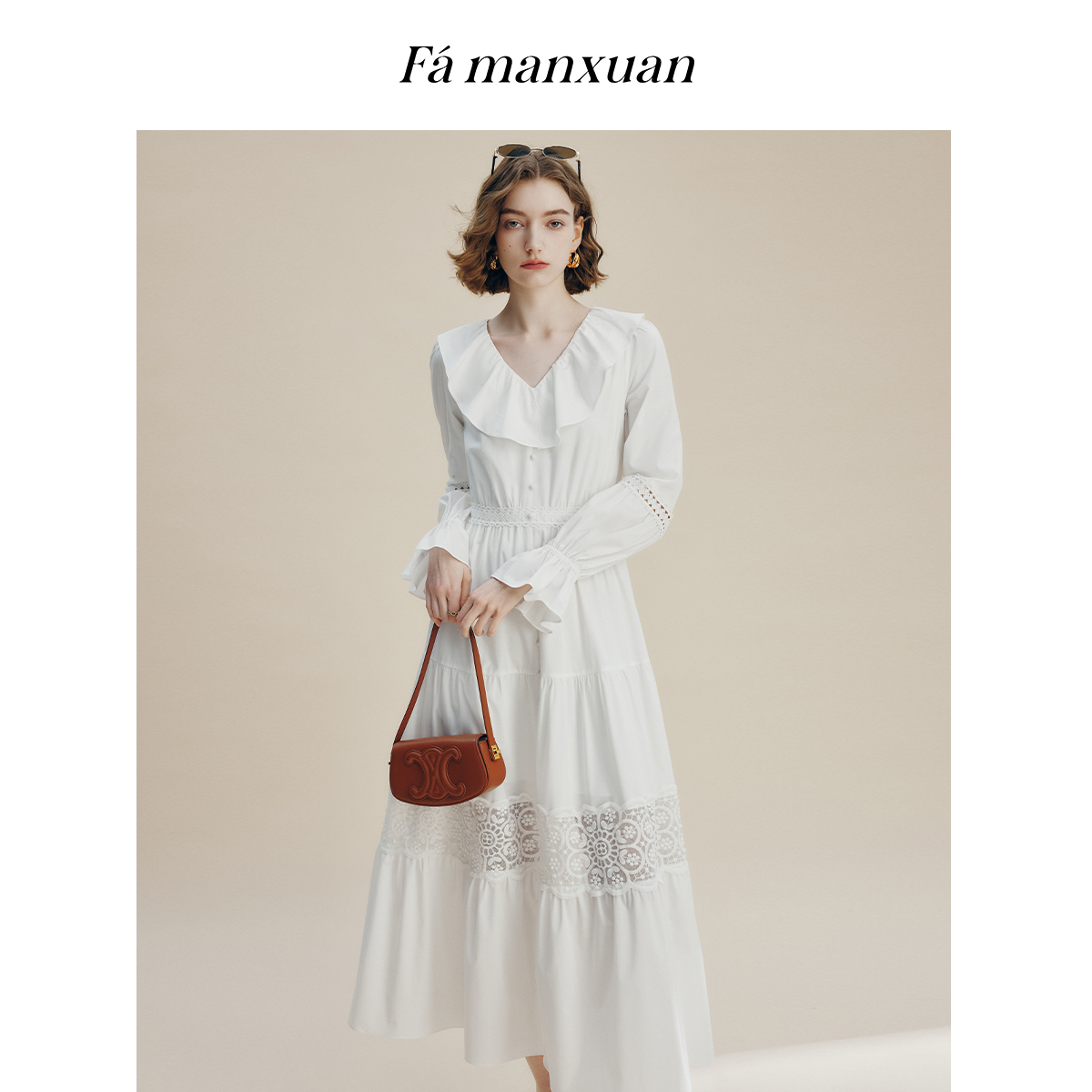 【达人专享】法曼萱层次感荷叶边蕾丝拼接收腰连衣裙女秋裙子