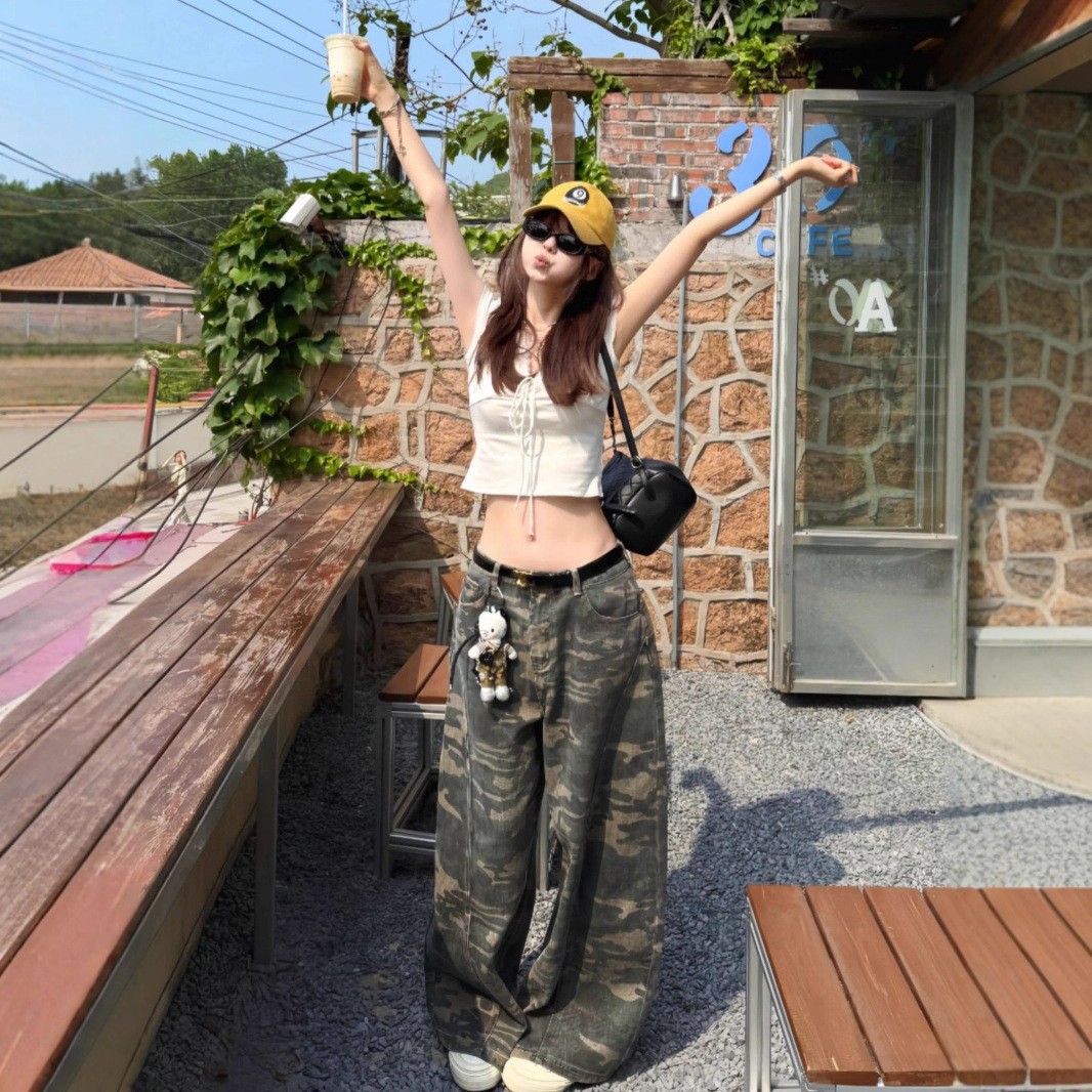 大码美式复古高街工装迷彩裤女2025新款做旧宽松休闲百搭牛仔裤子