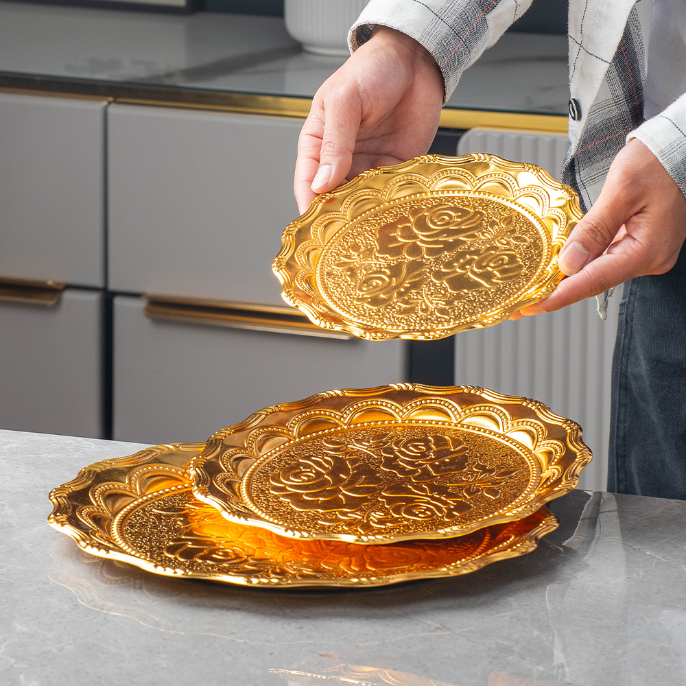  新疆金选-盘子茶盘家用玫瑰花纹果盘装饰托盘客厅工艺礼品创意盘