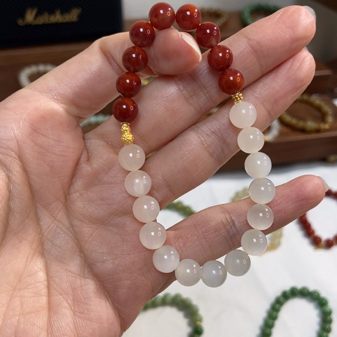 和田玉18K金镶嵌手链8mm蜂蜜水双拼精品