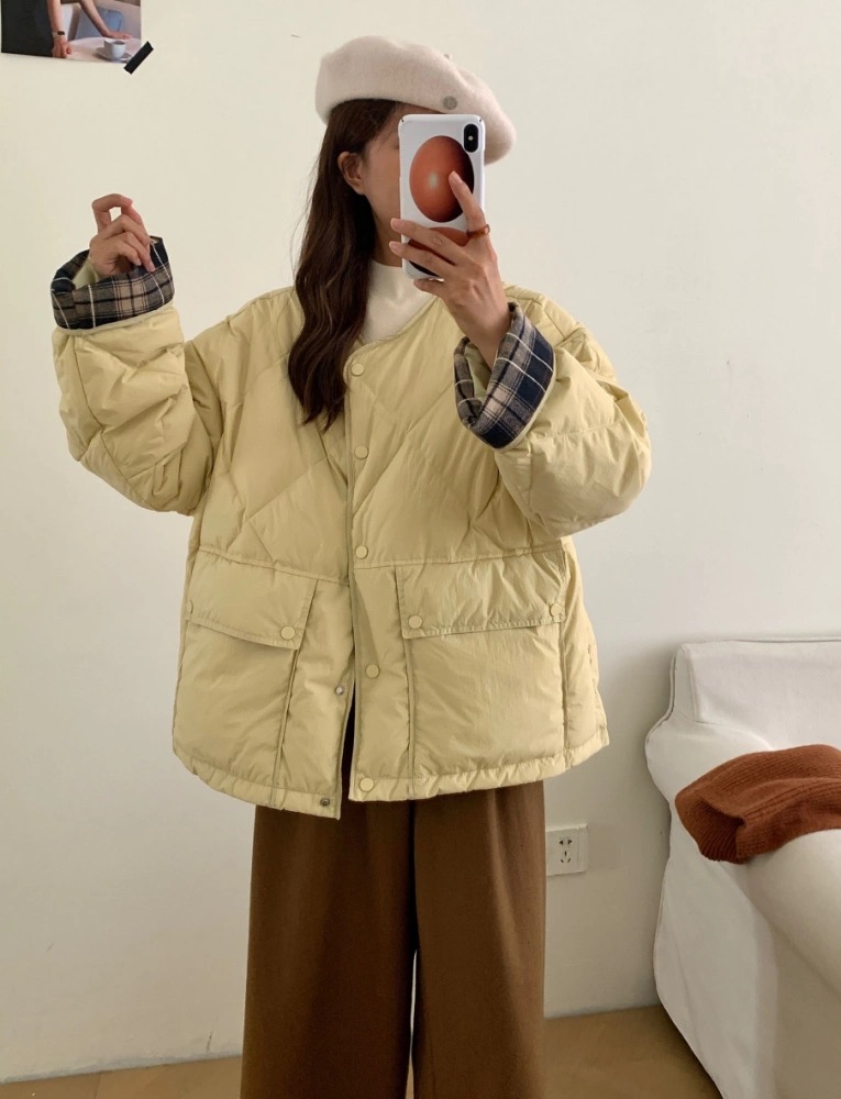 韩系宽松圆领轻薄款菱格小个子棉服女款保暖外套百搭休闲设计感