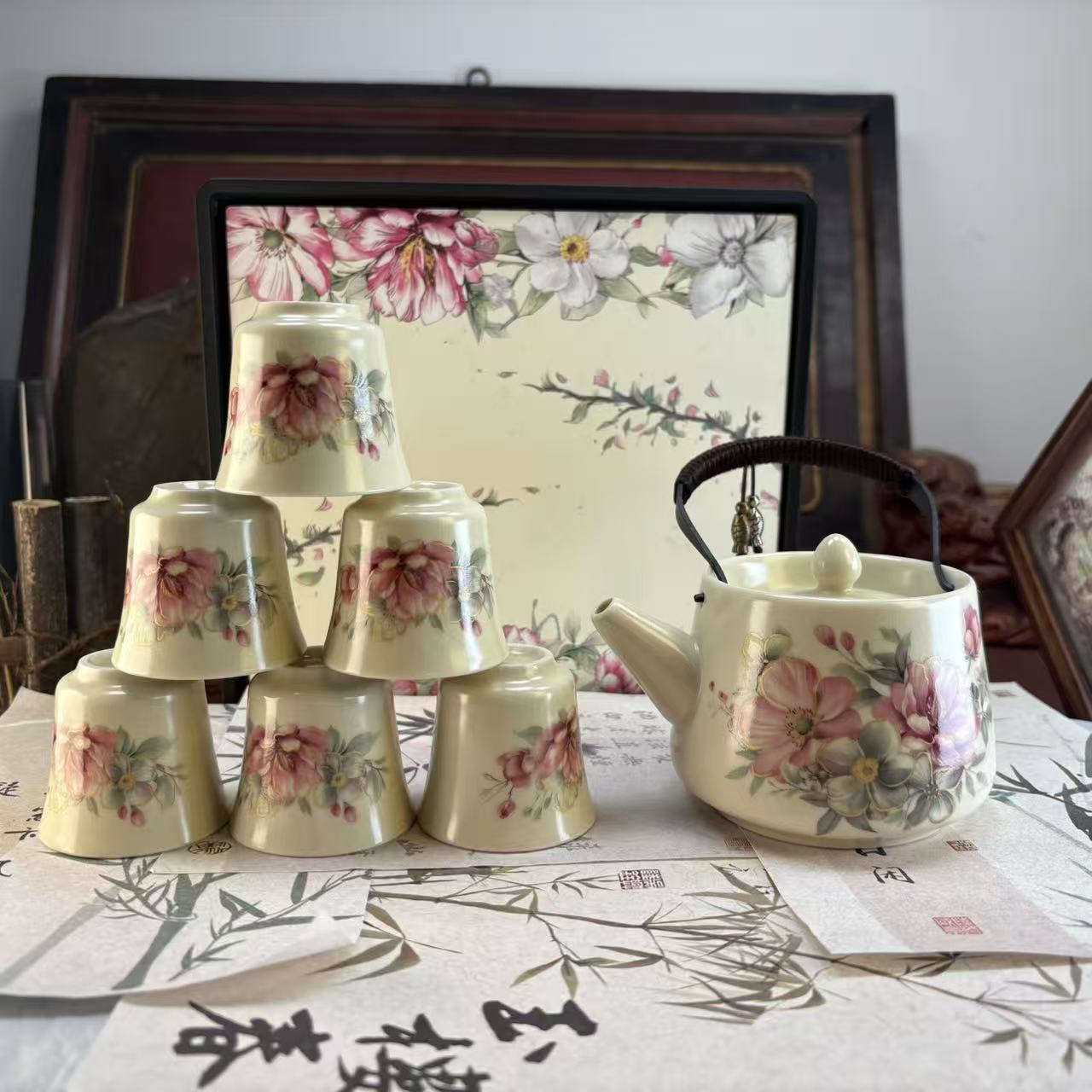 白莲牡丹汝窑提梁壶+6杯+盘-3196