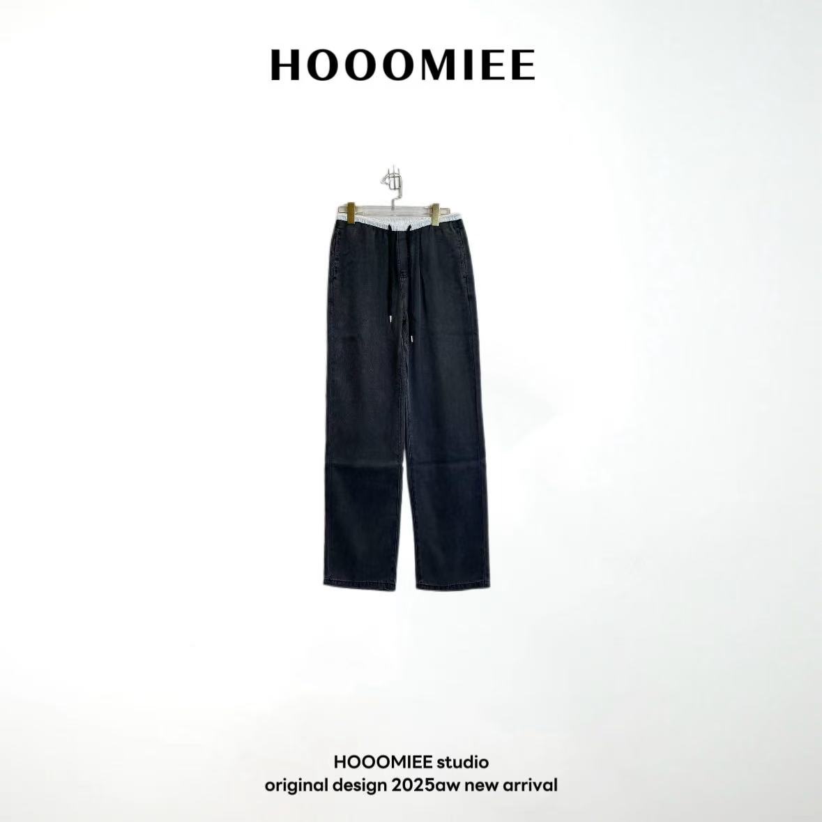 Hooomiee白边设计牛仔灰长裤松紧腰抽绳女士休闲裤9706