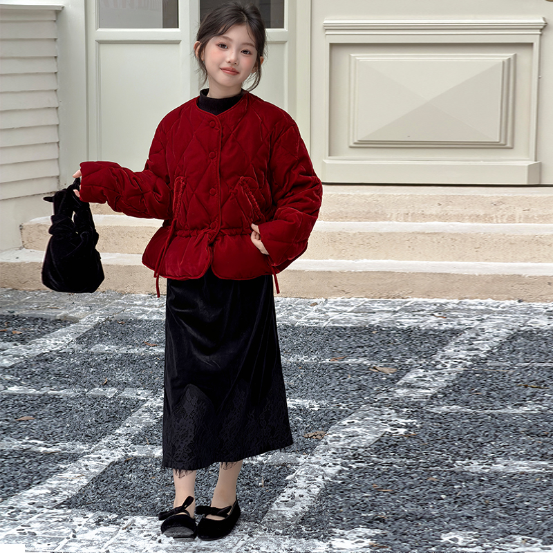 女童棉服套装冬装2025新款女大童中式拜年服儿童冬季加厚半身裙