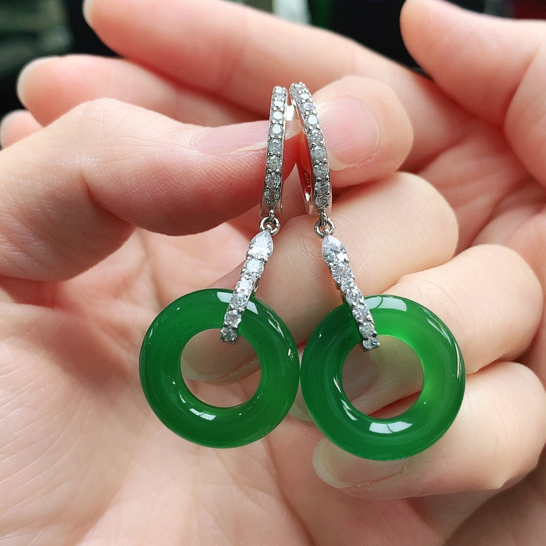 玛瑙/玉髓耳钉银S925镶嵌