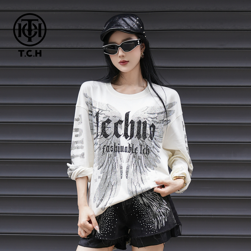 TCH轻奢烫钻工艺秋季经典翅膀宽松t恤T75C08E9026私服tch