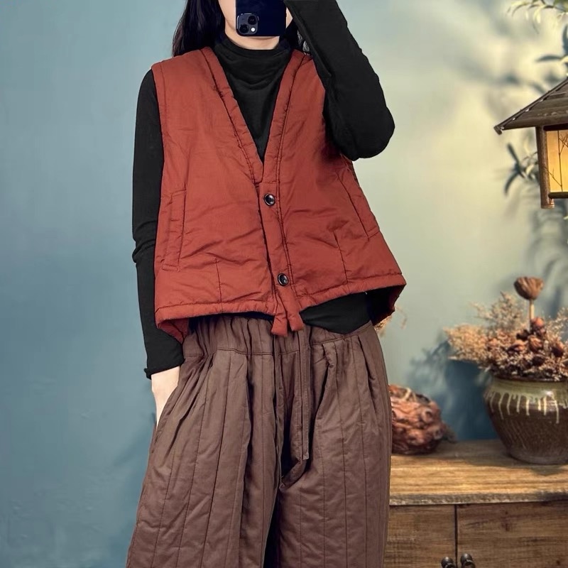 秋冬新款文艺复古纯色V领薄棉马甲宽松文艺无袖夹棉休闲背心马夹