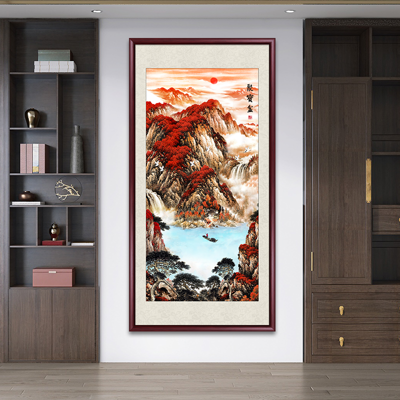 聚宝盆入户玄关装饰画新中式客厅走廊实木竖版中堂客厅挂画墙壁画