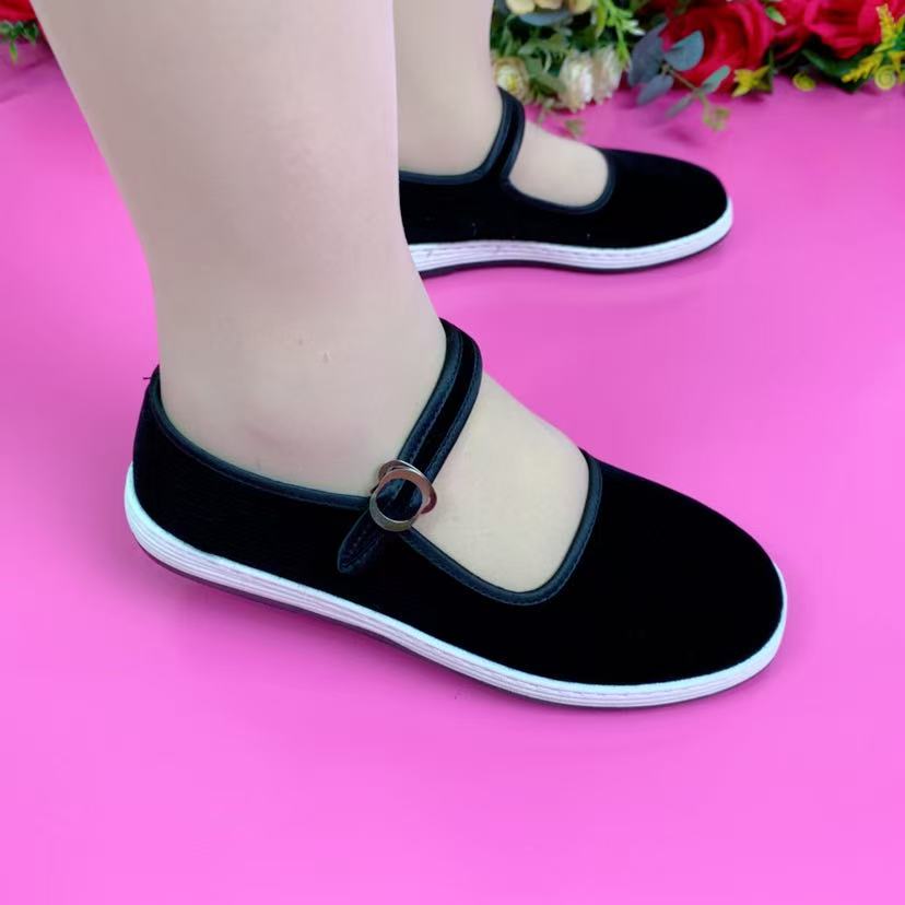 薄款舒适中老年夏季搭扣通用布鞋老年黑色职场休闲风