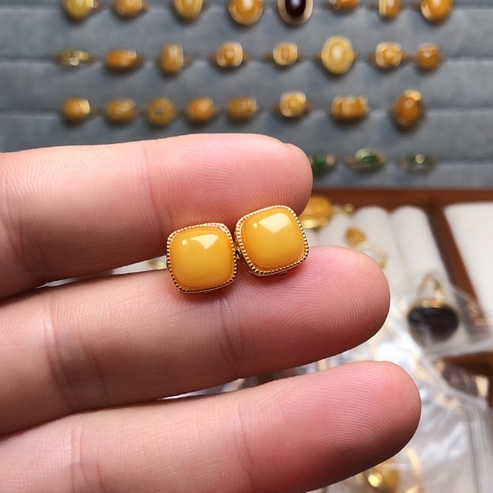 蜜蜡银S925镀金镶嵌耳饰耳钉1
