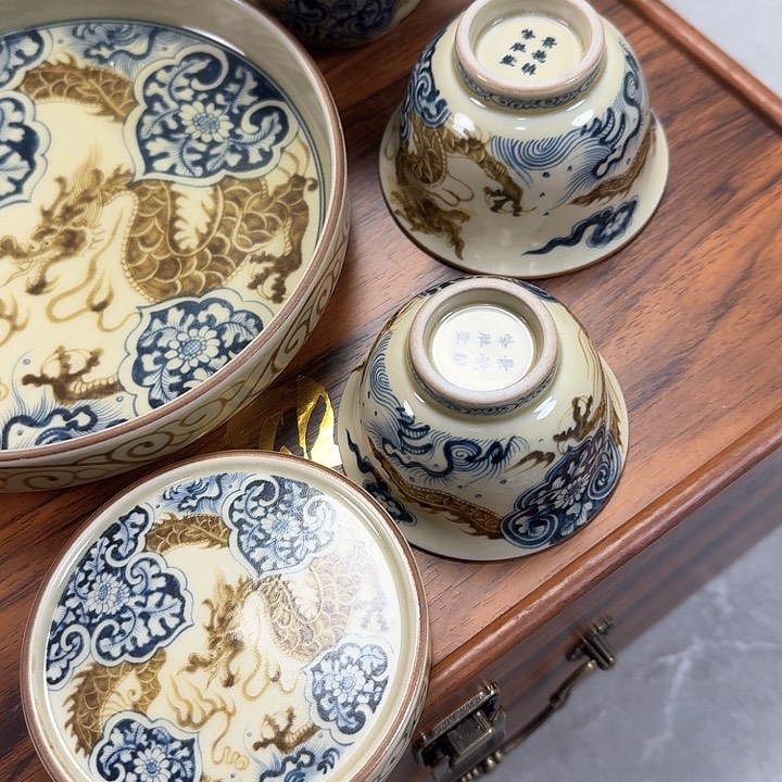 瓷片釉里金如意穿花龙5件套景德镇