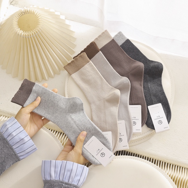 秋冬中筒女袜8103吸汗透气防臭棉袜撞色花边百搭学生袜