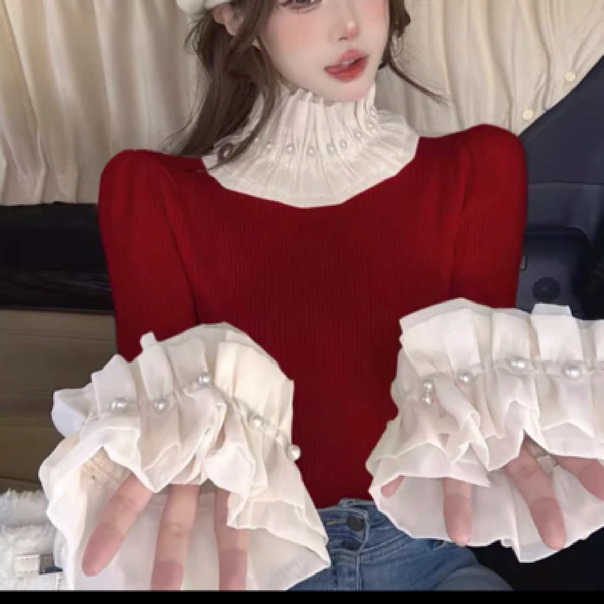 清仓无险蕾丝显瘦长袖洋气荷叶边百搭时尚气质法式修身泡泡袖甜美