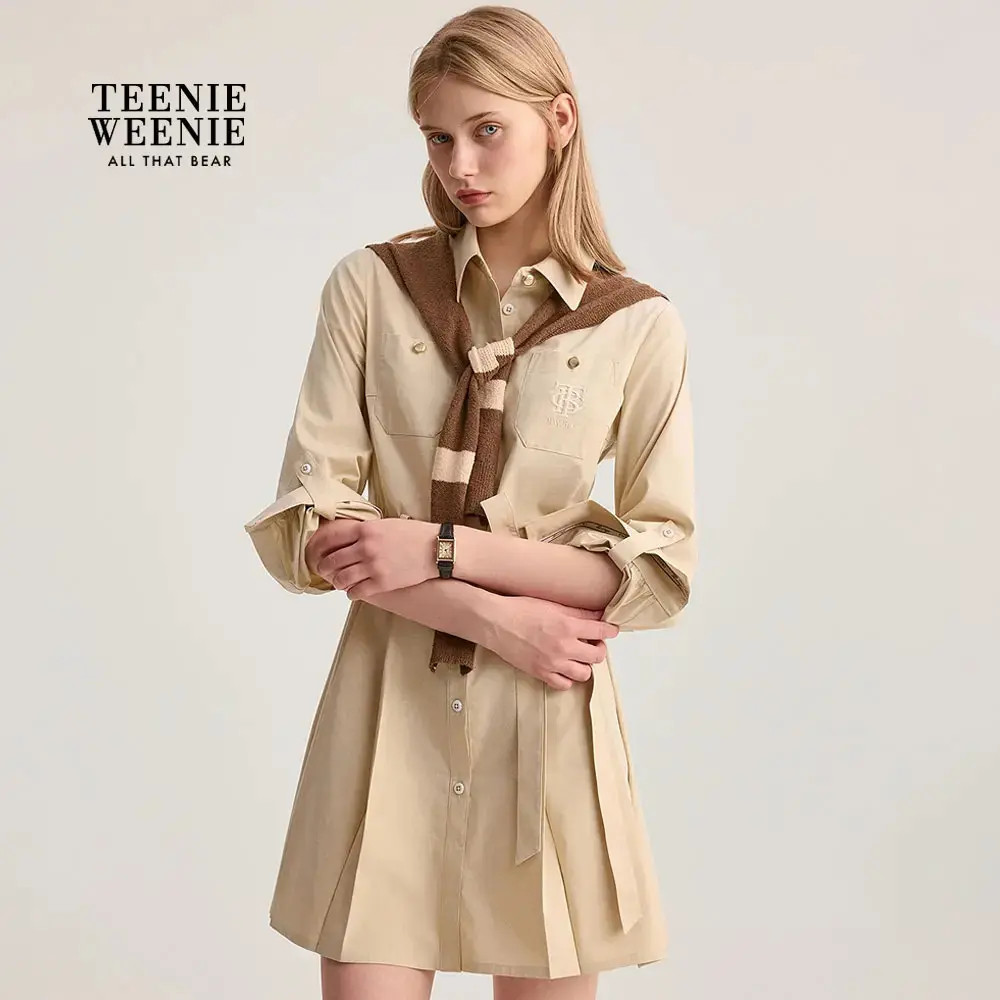 *TeenieWeenie小熊女装连衣裙25文艺风披肩休闲衬衫裙TTOW254901E