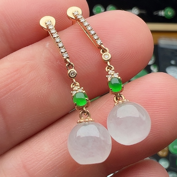 翡翠18K金镶嵌耳饰珠子7.6