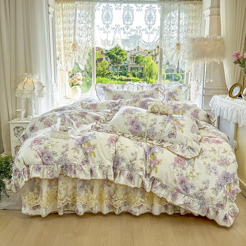 夏季全棉印染床裙四件套法式公主风蕾丝双层花边被套纯棉双人床罩