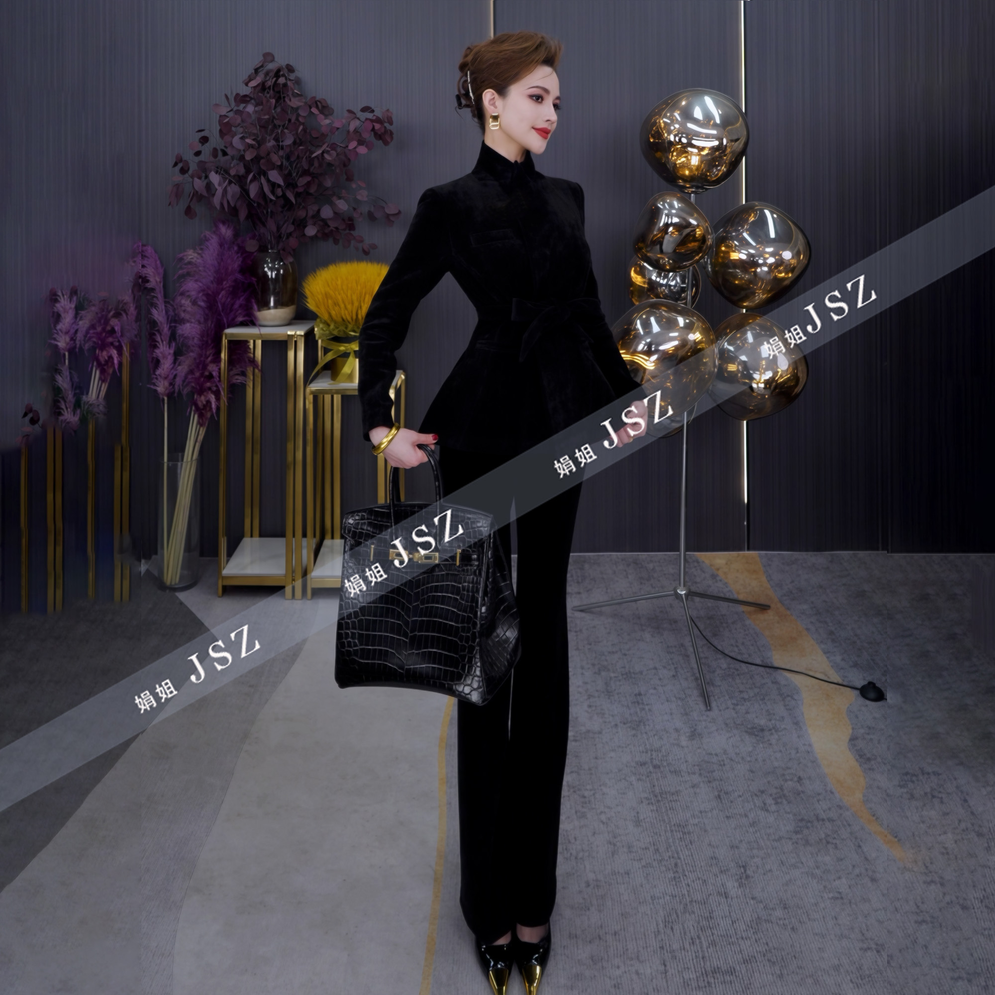 冬季加厚烟黑色高定显瘦气质修身雪尼尔枪驳领西装喇叭裤套装1006