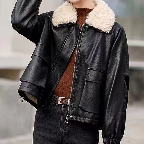 冬季加绒加厚毛领皮衣外套可拆卸毛领短外套时尚上衣A888